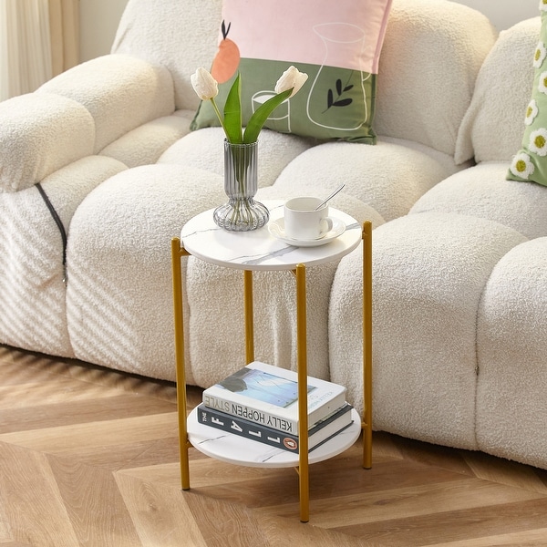 2-layer End Table with Tempered Glass and Marble Tabletop