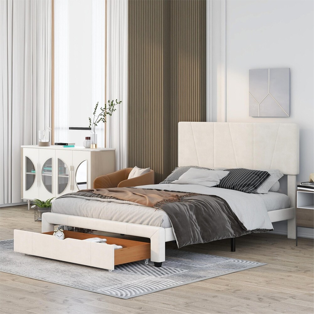 Modern Queen Size Upholstery Platform Bed with One Drawer