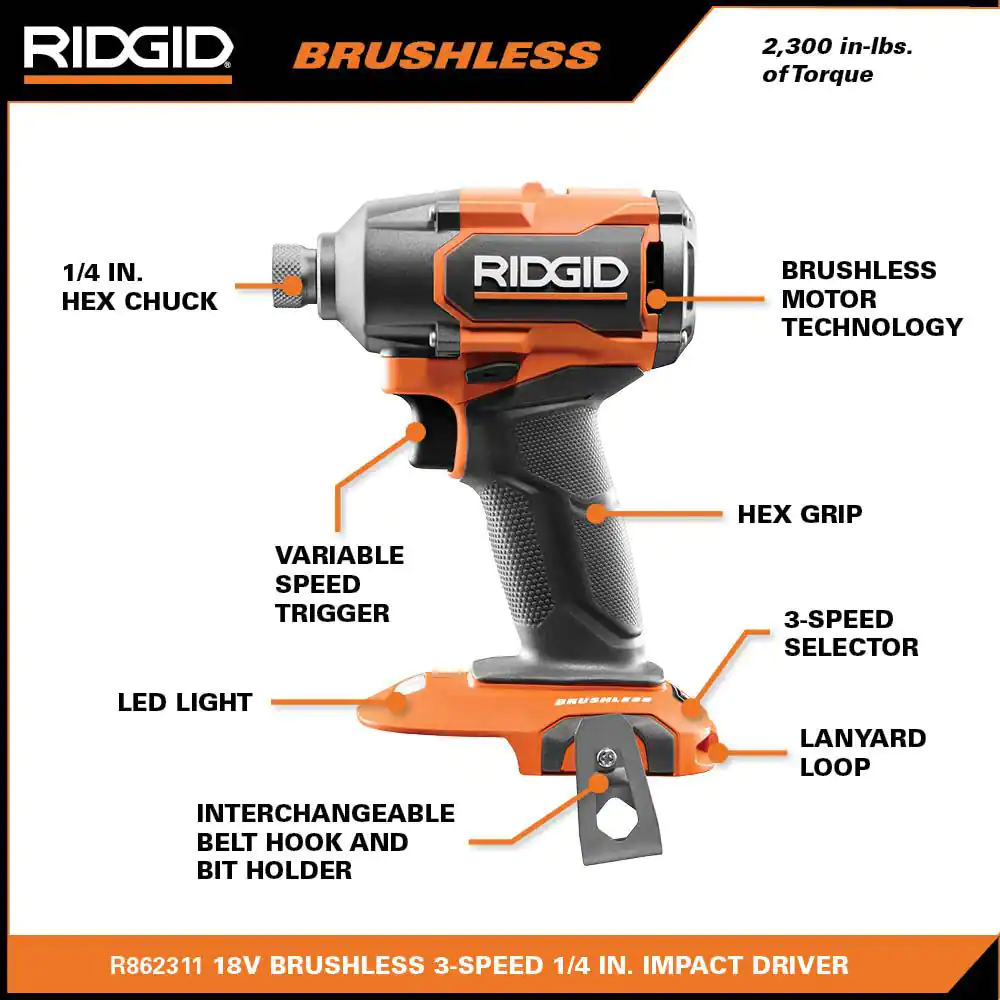 Ridgid 18V Brushless Cordless 3-Speed 1/4 in. Impact Driver (Tool Only)