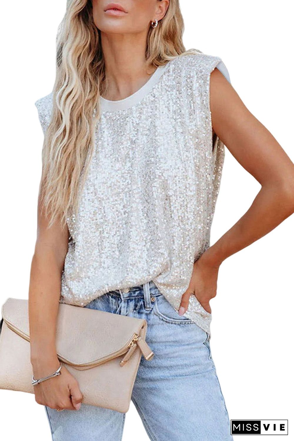 Apricot Sequin Round Neck Tank Top