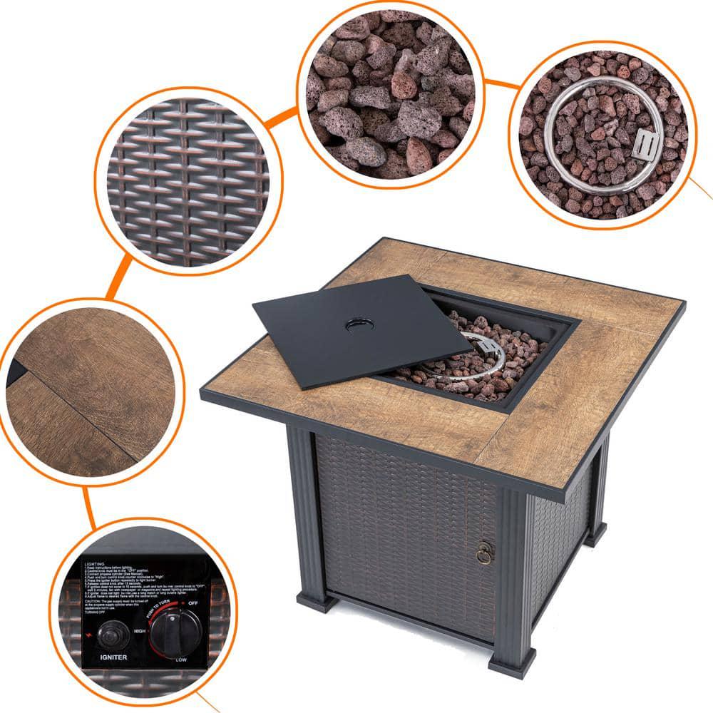 Nuu Garden 40000 BTU 30 in x 24 in Square Wickerlike Iron Propane Gas Fire Pit Table with Cover Ceramic Top and Lava Rocks