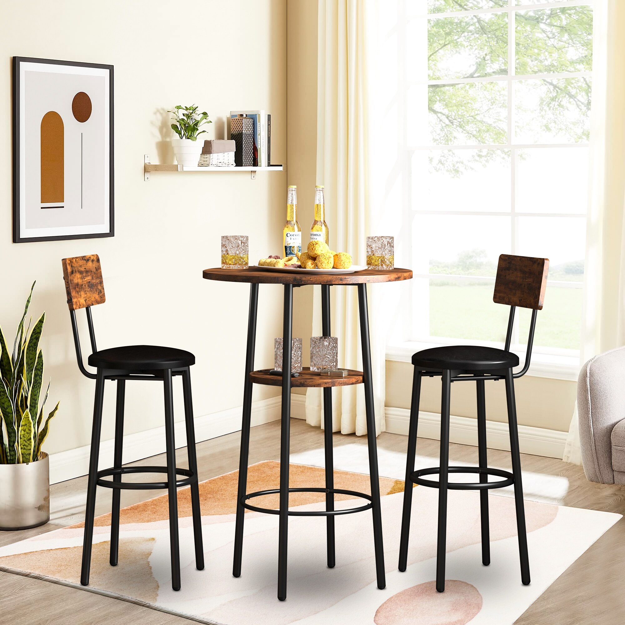 3 Pcs Dining Set， 2-Tier Round Bistro Bar Table and Upholstered Chair