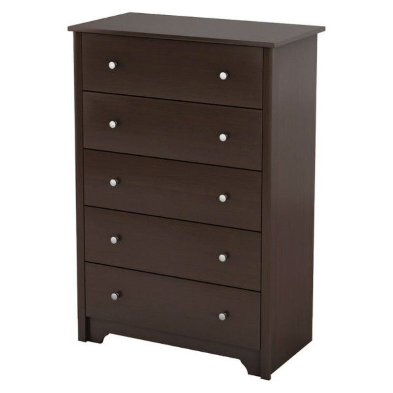 Dark Brown Chocolate Wood Finish 5 Drawer Bedroom Chest of Drawers with Metal Knobs