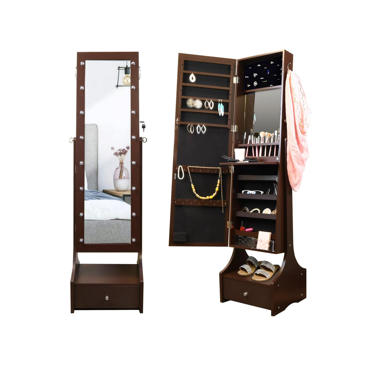 Prinz 60a Jewelry Armoire with FullLength Lighted Mirror Makeup Storage and Hooks Brown  Crowdfused