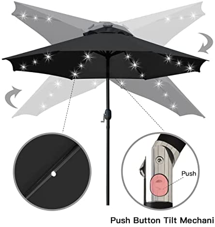 Sunnyglade 9′ Solar LED Lighted Patio Umbrella with 8 Ribs/Tilt Adjustment and Crank Lift System (Black)