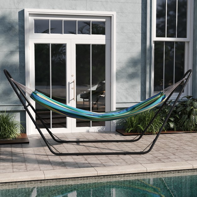 Emma And Oliver Cotton Two Person Hammock With Space Saving Steel Stand Premium Carry Bag And Hanging Hardware