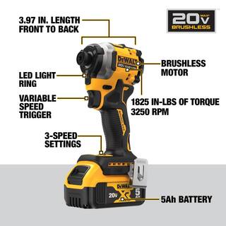 DW ATOMIC 20V MAX Lithium-Ion Cordless 14 in. Brushless Impact Driver Kit 5 Ah Battery Charger and Bag DCF850P1