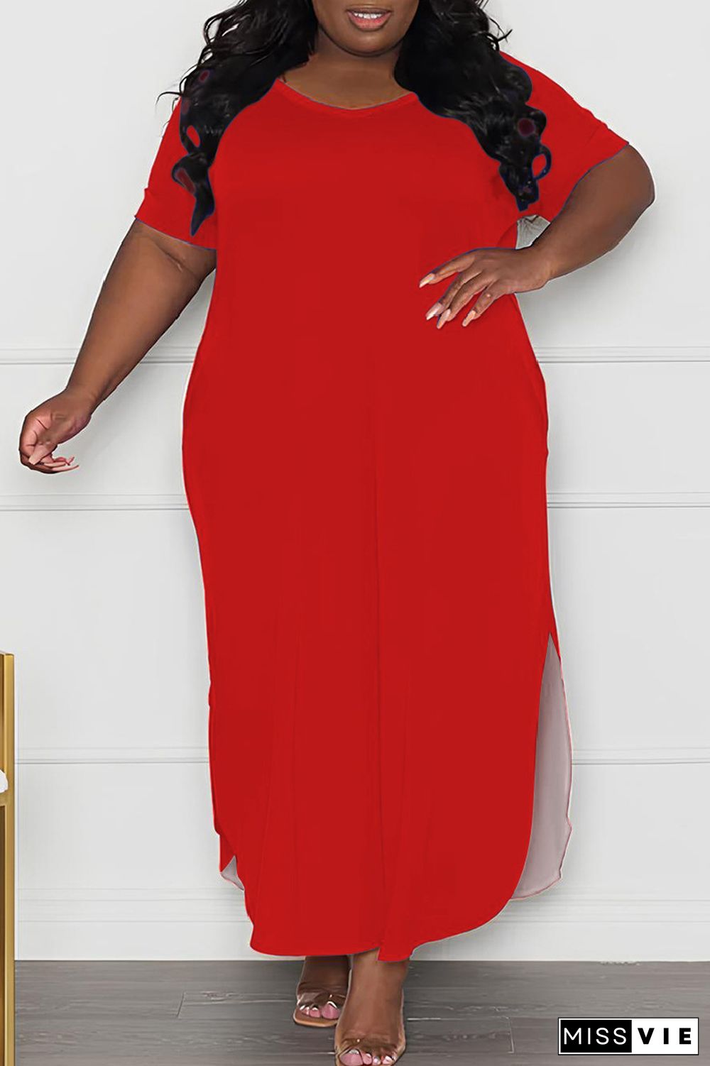 Casual Solid Slit O Neck Long Plus Size Dresses