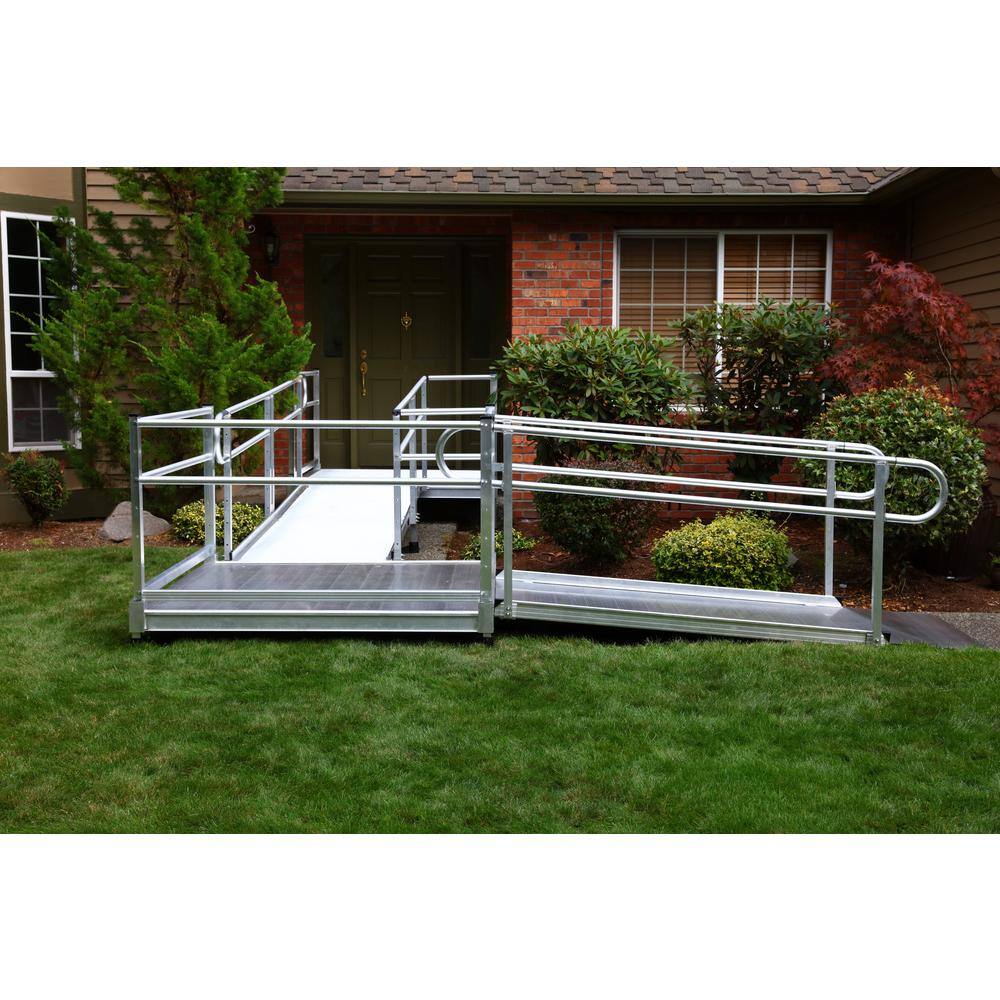 EZ-ACCESS PATHWAY 20 ft. L-Shaped Aluminum Wheelchair Ramp Kit with Solid Surface Tread 2-Line Handrails and 5 ft. Turn Platform PS20L55T