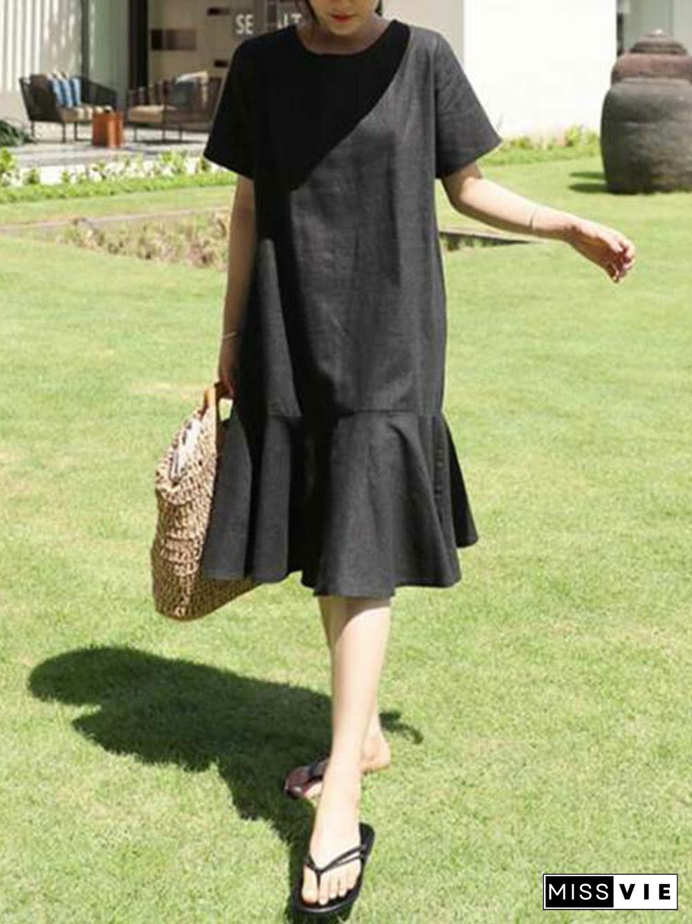 Solid Ruffle Short Sleeve Round Neck Casual Cotton Midi Dress