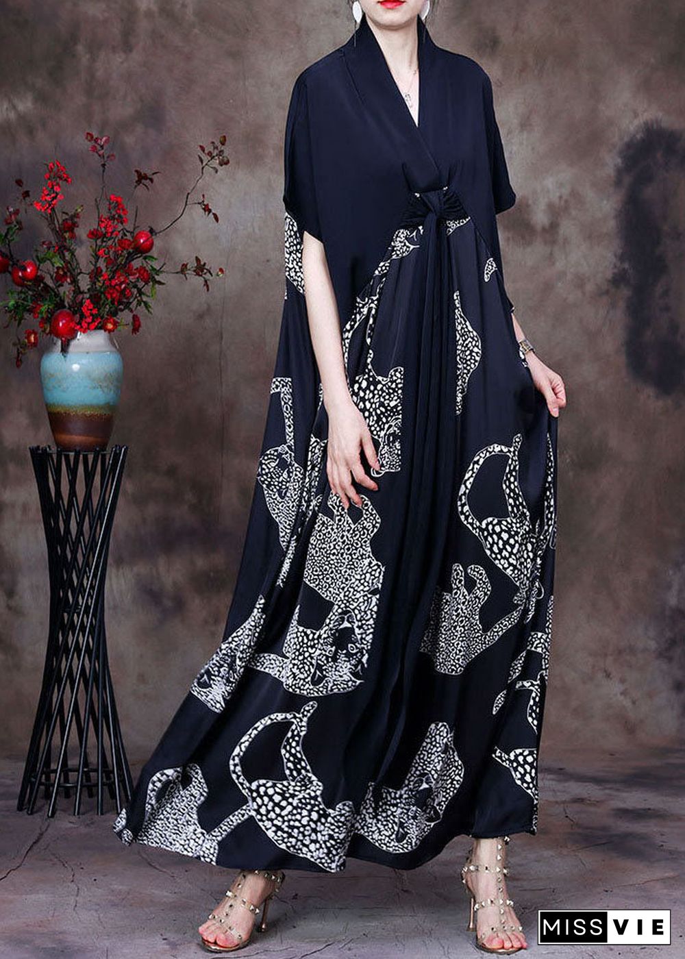 Loose Black V Neck Patchwork Print Silk Vacation Long Dress Short Sleeve