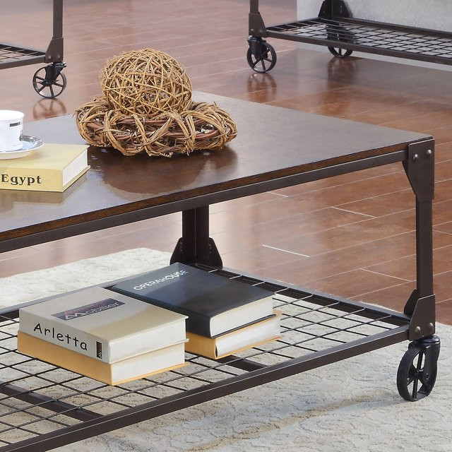 Industrial Coffee Table  Open Grid Metal Shelf With Casters  ampSturdy Wooden Top   Industrial   Coffee Tables   by Declusia  Houzz