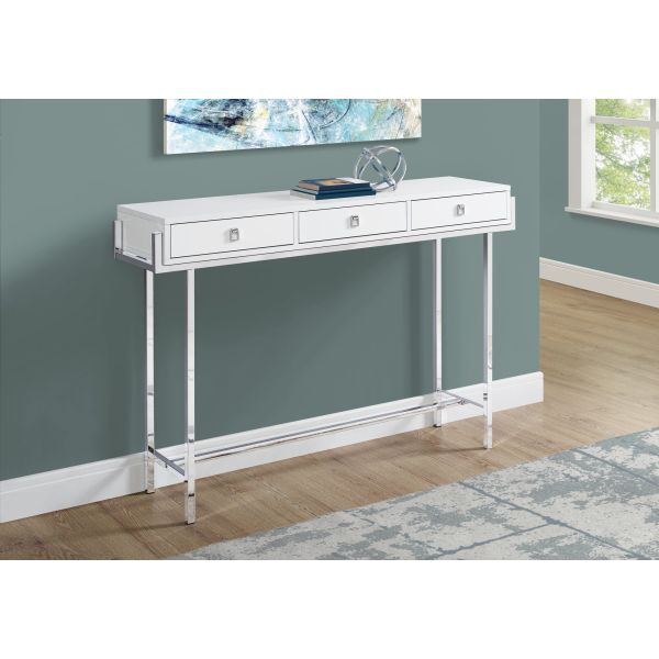 Accent Table， Console， Entryway， Narrow， Sofa， Storage Drawer， Living Room， Bedroom， Glossy White Laminate， Chrome Metal， Contemporary， Modern