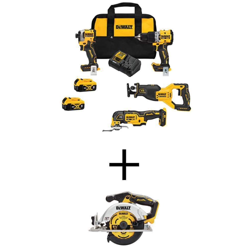 DEWALT 20V MAX Lithium-Ion Cordless Brushless 4 Tool Combo Kit and 20V MAX Cordless Brushless 6.5 in. Circular Saw DCK4050M2WS565B