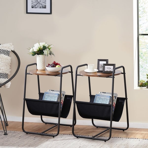 Round End Side Table， Accent Nightstand with Storage Bag(Set of 2)