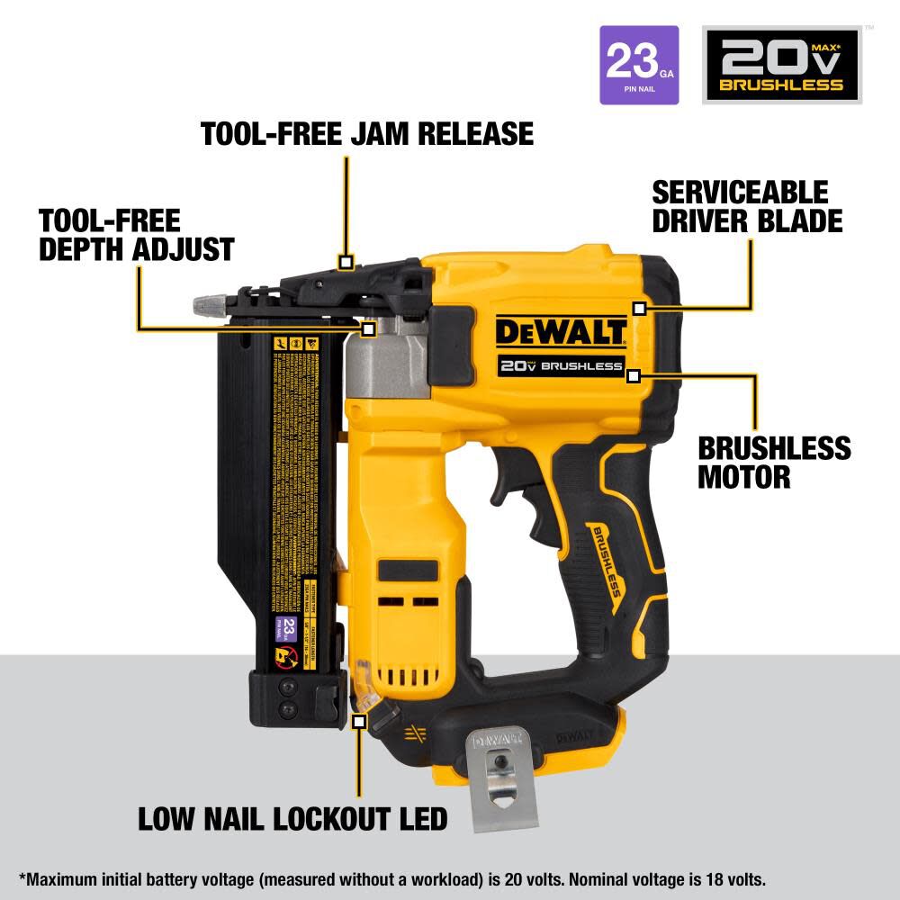 DEWALT ATOMIC Compact Series 20V MAX Pin Nailer 23 Gauge Bare Tool DCN623B from DEWALT