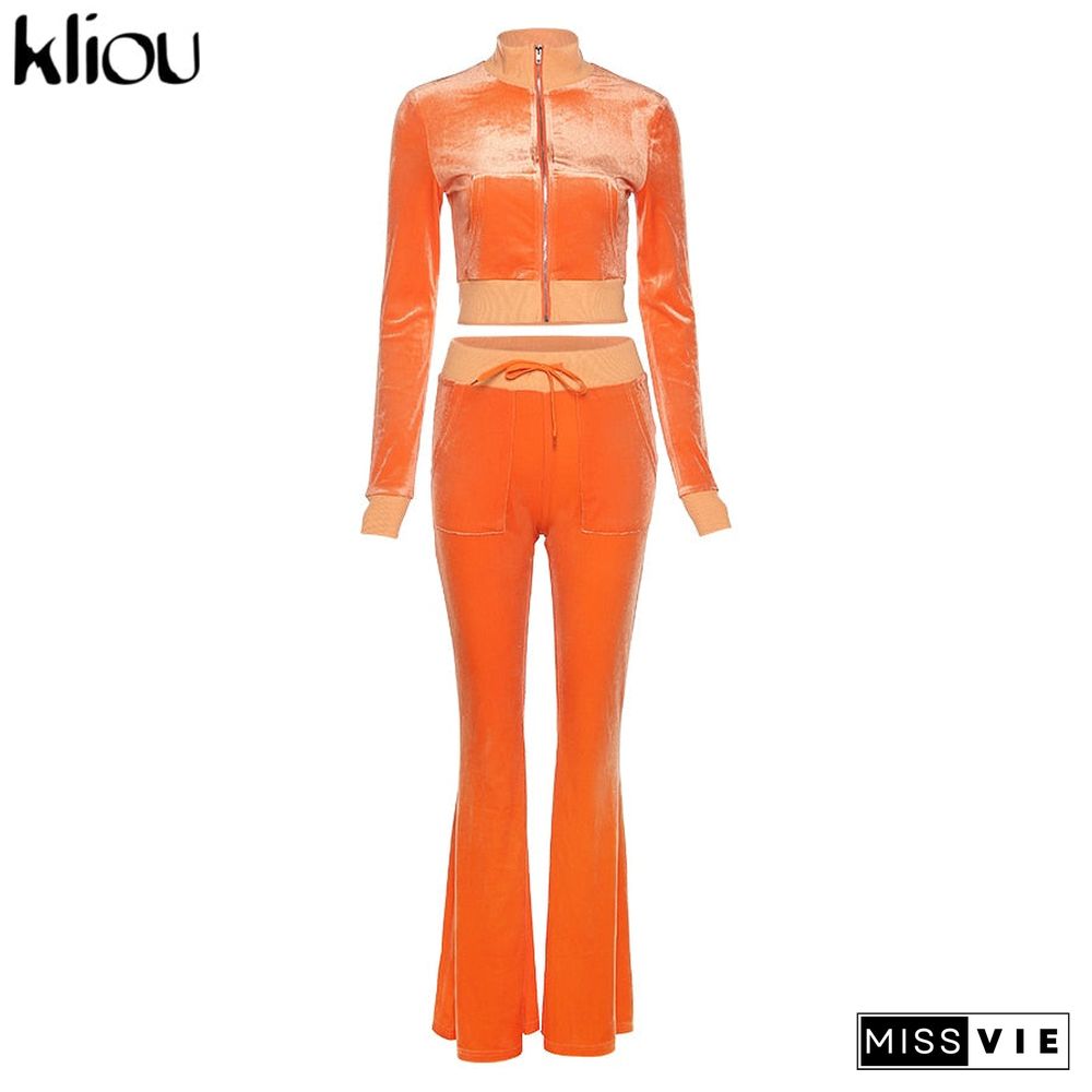 Kliou Solid Velour Two Piece Set Women Simple Casual Zipper Long Sleeve Turtleneck Top+Bandage Lace Slim Female Wide Leg Pants