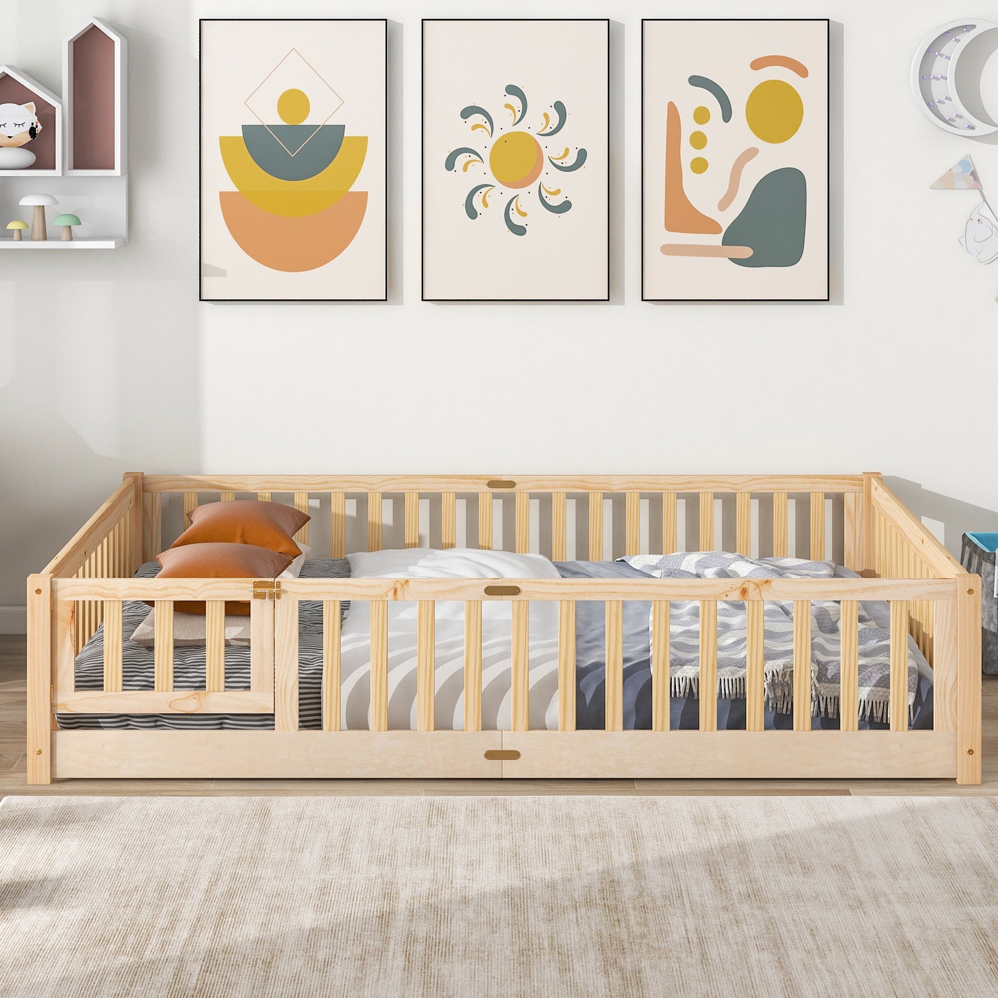 uhomepro Queen Size Wood Floor Bed Frame with Fence and Door for Kids, Toddlers, Natural