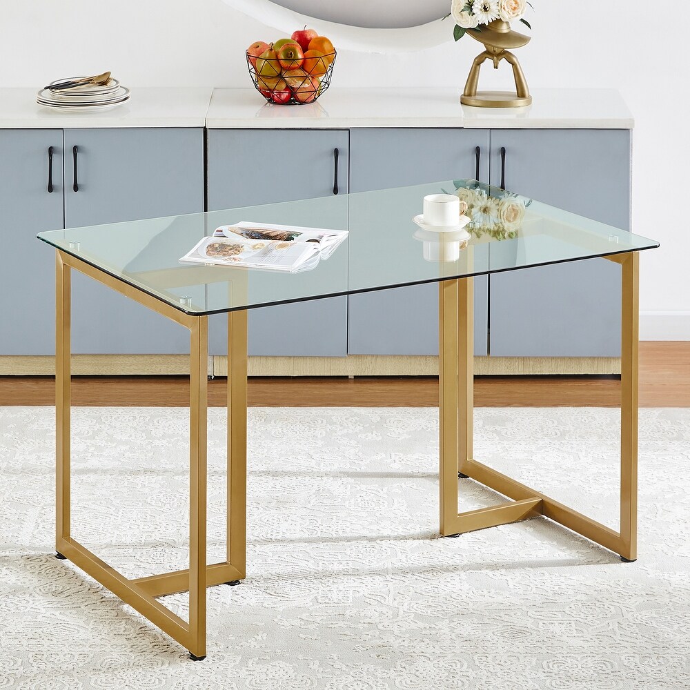 Rectangle Tempered Clear Glass Table Top With Golden Metal Legs Dining Room   47.2x31.5x29.7