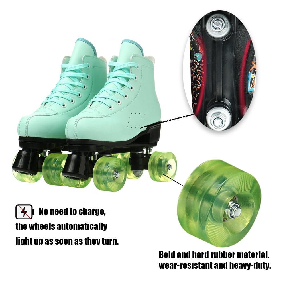 Roller Skates for Adult Classic High-top Roller Skates Lace-up Adjustable Shiny  Quad Skates for Beginners Indoor and Outdoor， Green， 7