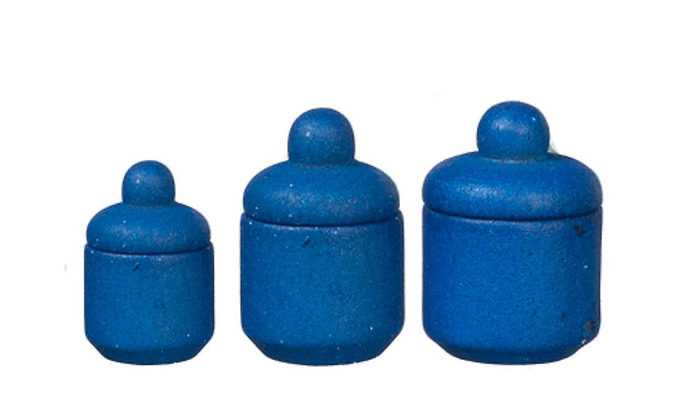 Dolls House Blue Wooden Canister Set Storage Jars Miniature Kitchen Accessory