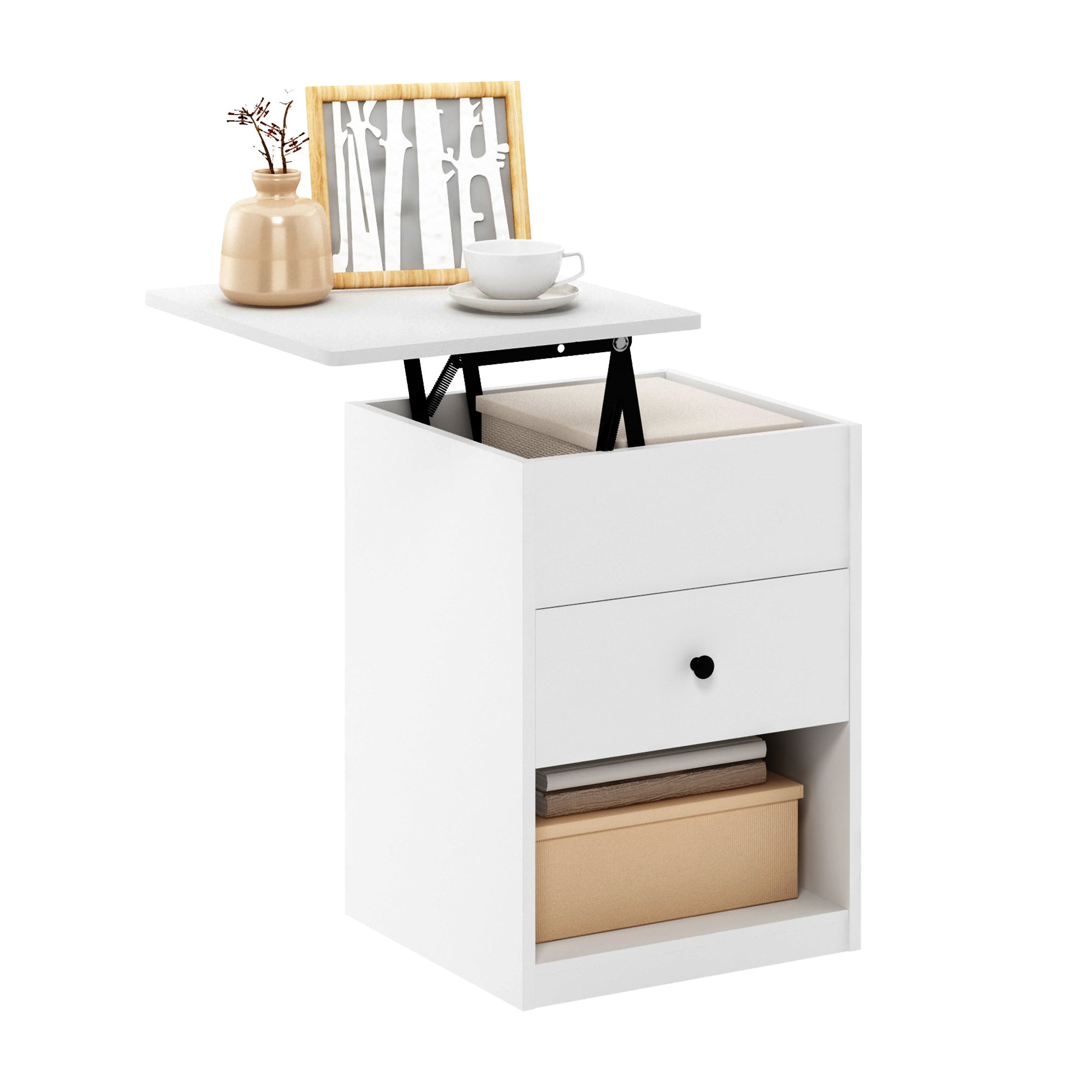 Furinno Jensen Lift Top Nightstand, Solid White