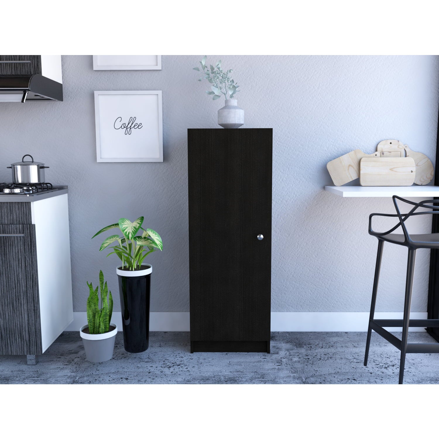 TUHOME Belleria Pantry， Handle， One-Door Cabinet， Four Internal Shelves， Black， For Kitchen Room