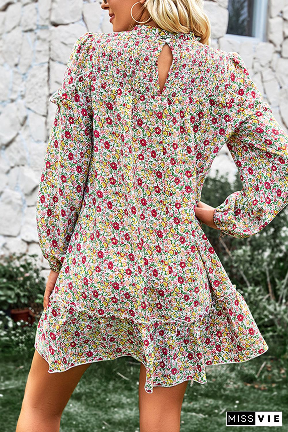 Flower Puff Long Sleeve Smock Dress