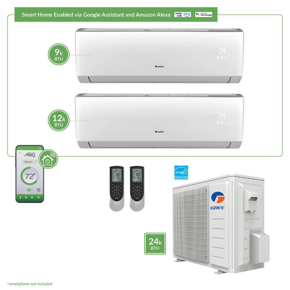 GREE Gen3 Smart Home Dual-Zone 24000 BTU 2 Ton Ductless Mini Split Air Conditioner with Heat Inverter Remote - 208-230-V MULTI24VIR201HP