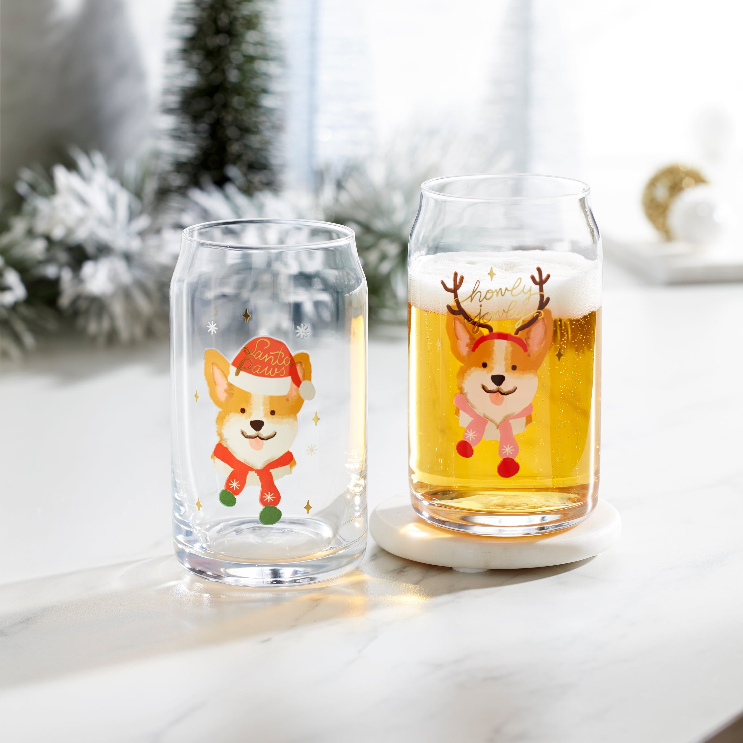 16 Oz Holiday Corgi Cocktail Glasses, Set Of 2