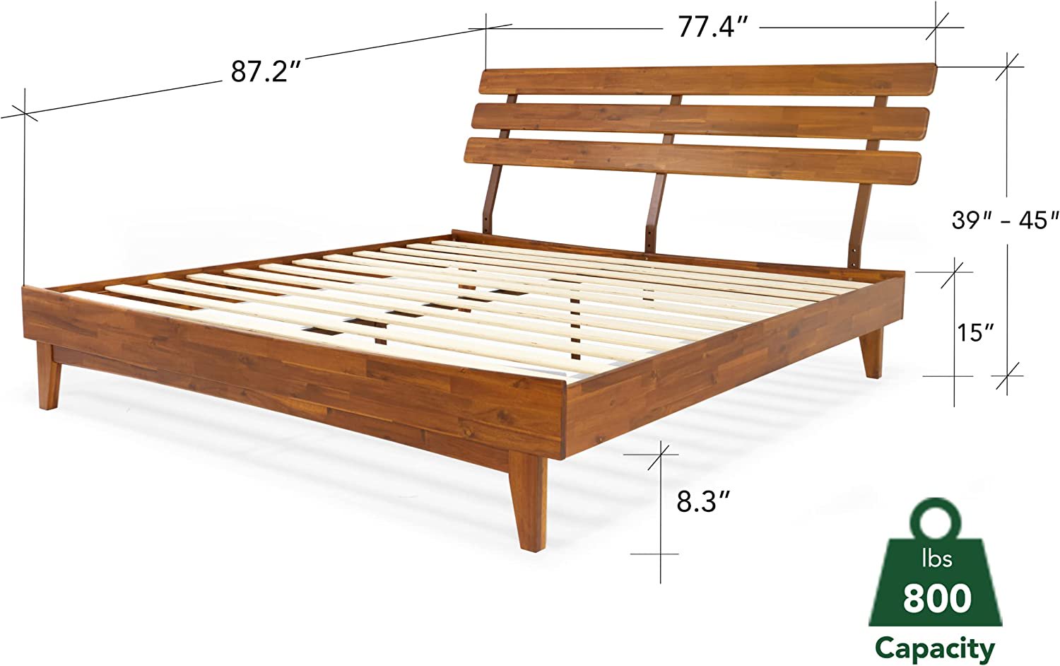 BME King Size | Caden Deluxe Wooden Bed Frame, Adjustable Headboard, Hard Acacia Wood, Mid-Century Style, Caramel