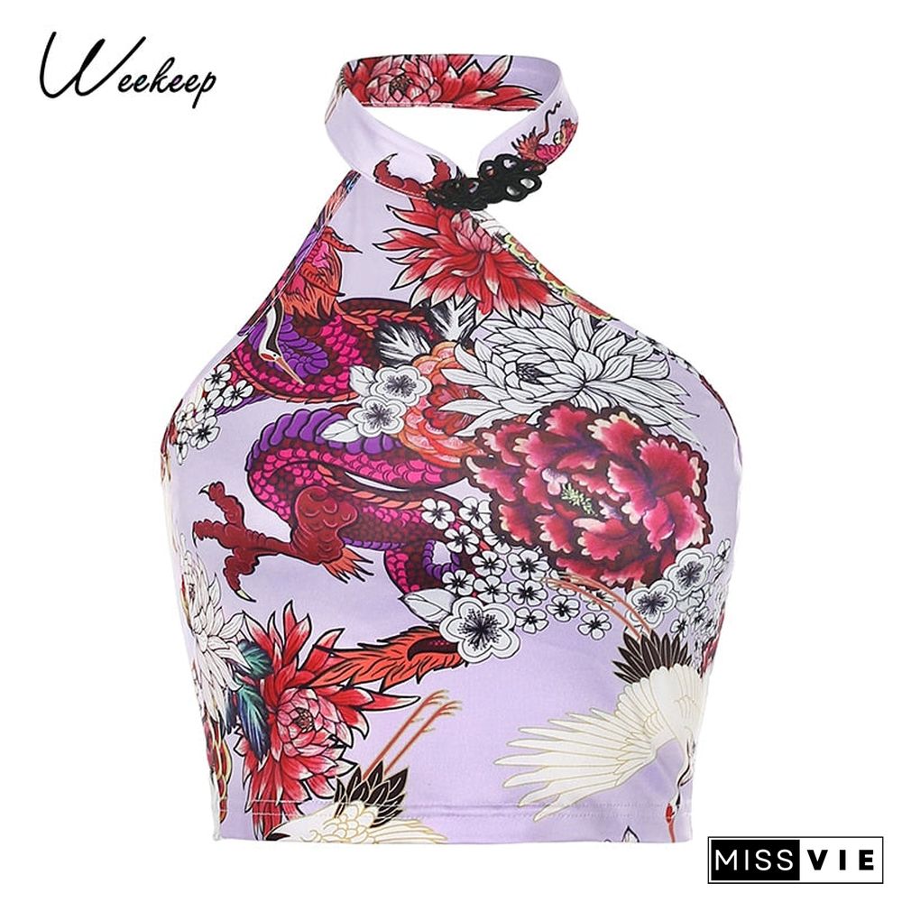 Weekeep Dragon Floral Print Chinese Style Irregular Halter Crop Top Women Strapless Tank Tops Backless Streetwear 90s Sexy Vests