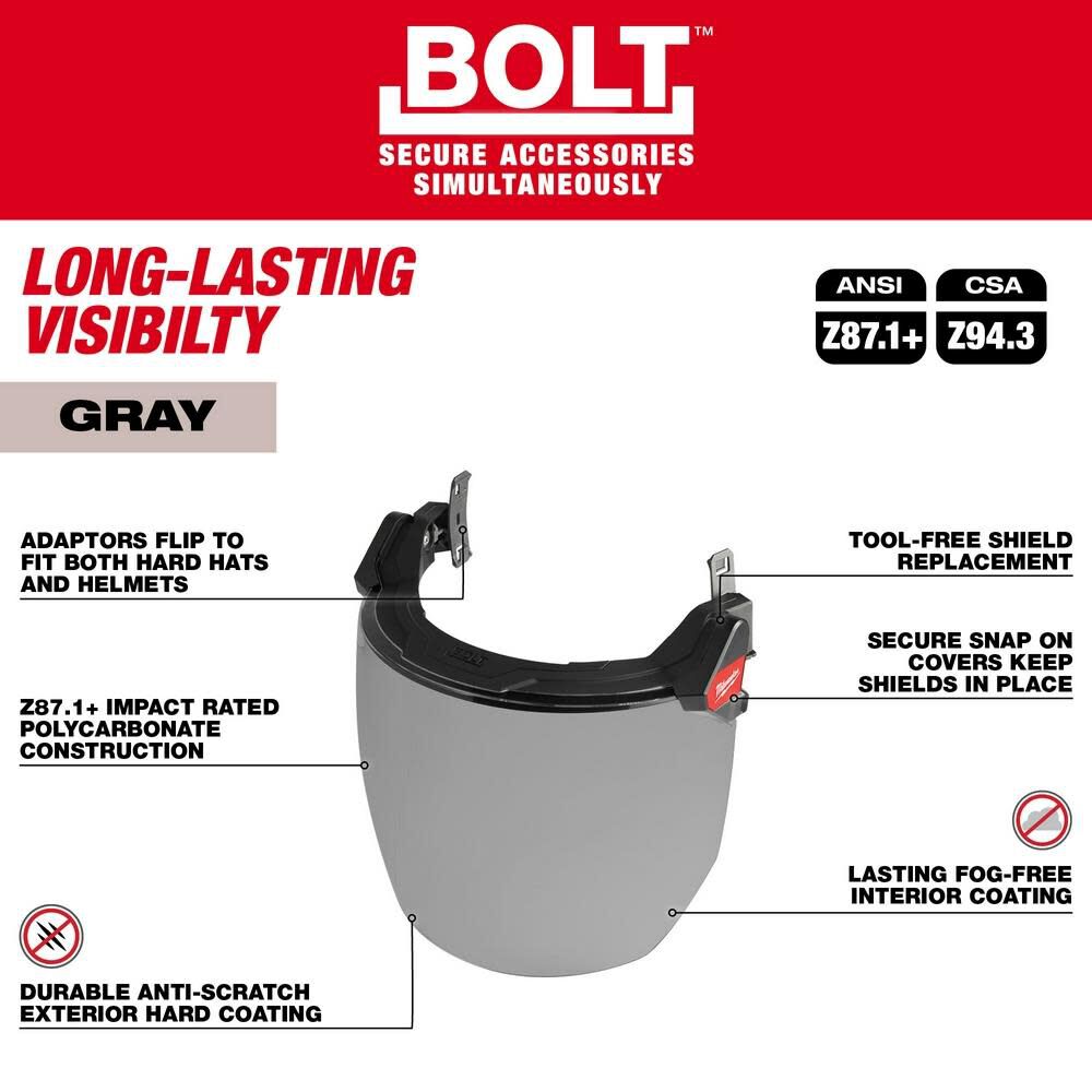 Milwaukee BOLT Full Face Shield Gray Dual Coat Lens Compatible with Safety Helmets & Hard Hats 48-73-1425 from Milwaukee