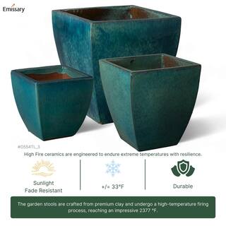 Emissary 19 in. L x 21 in. H Teal Ceramic Square Planter with Drainage Hole 0554TL-3