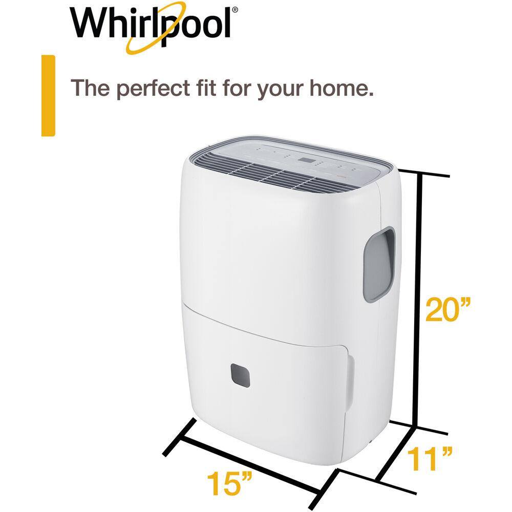 Whirlpool 30-Pint Portable Dehumidifier with 24-Hour Timer Auto Shut-Off Easy-Clean Filter Auto-Restart and Wheels WHAD301CW