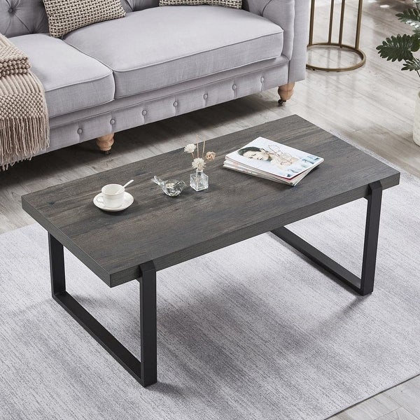 Coffee Table， Rustic Wood and Metal Center Table， Modern Cocktail Table for Living Room， Grey