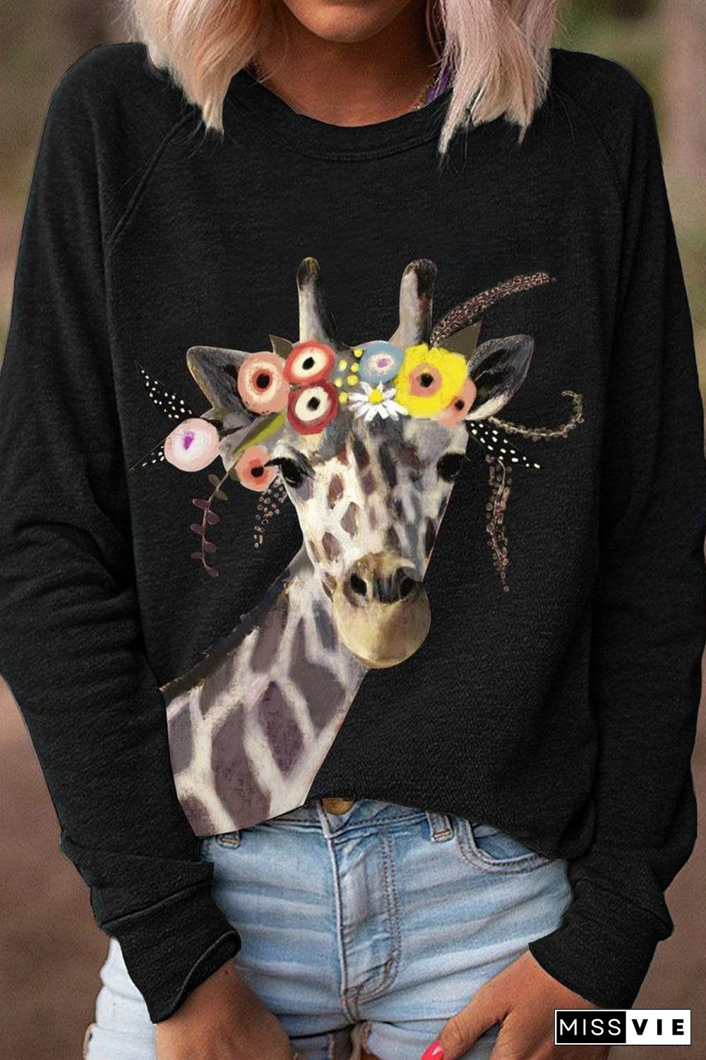 Giraffe Print Casual Long Sleeve T-Shirt