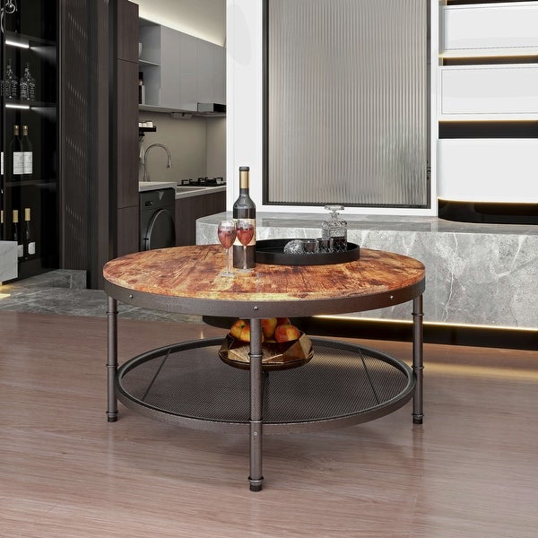 Modern Industrial Round Coffee Table with 3D Texture Metal Frame and Mesh