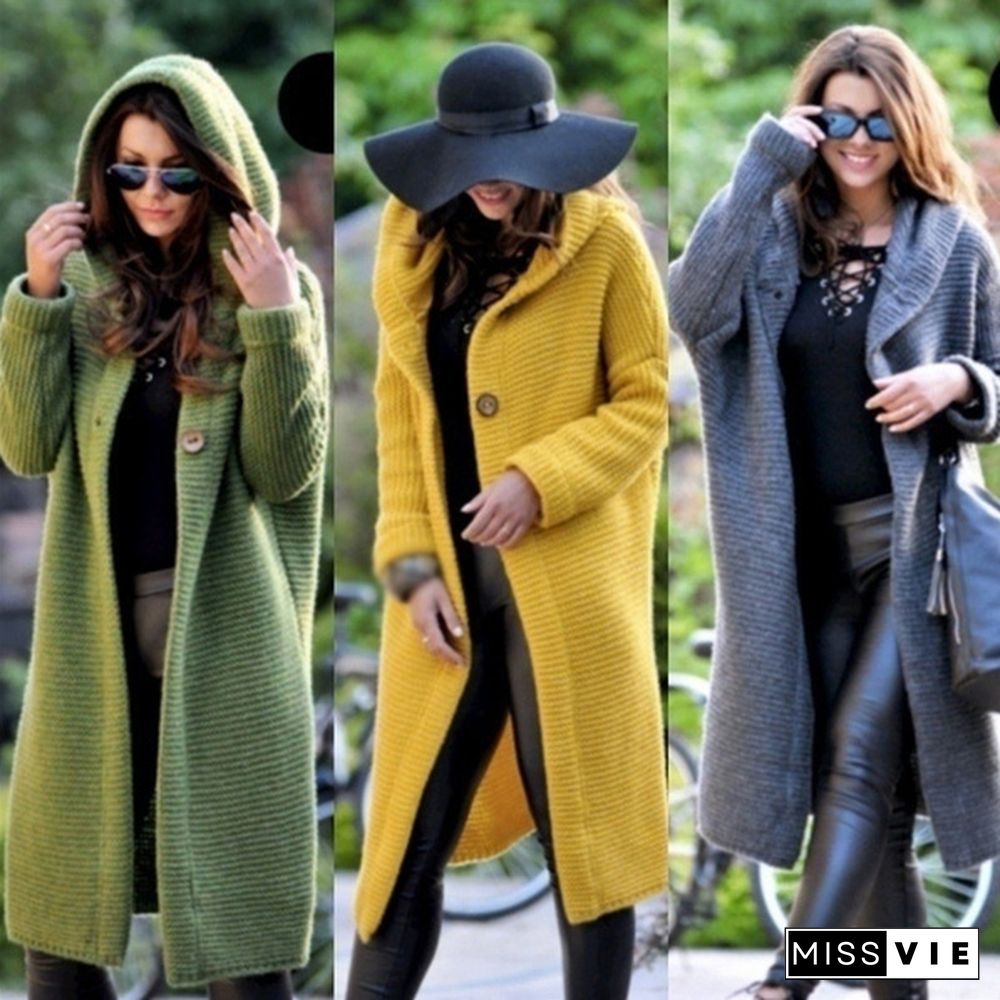 New Autumn Winter Women Hooded Coat Cardigan Sweater Coat Lady Solid Color Coat Thick Soft Fashion Jacket Long Plus Size Overcoat