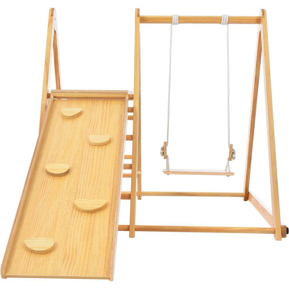 Wood Indoor Swing Set with Rock Climb Ramp for Toddlers LN20232279