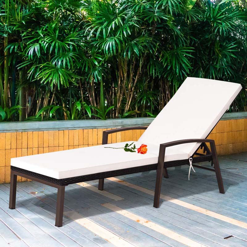 2-Pack Rattan Patio Chaise Lounge Chairs, 5-Position Pool Lounge Chairs with Cushion & Armrest, Wicker Sun Lounger