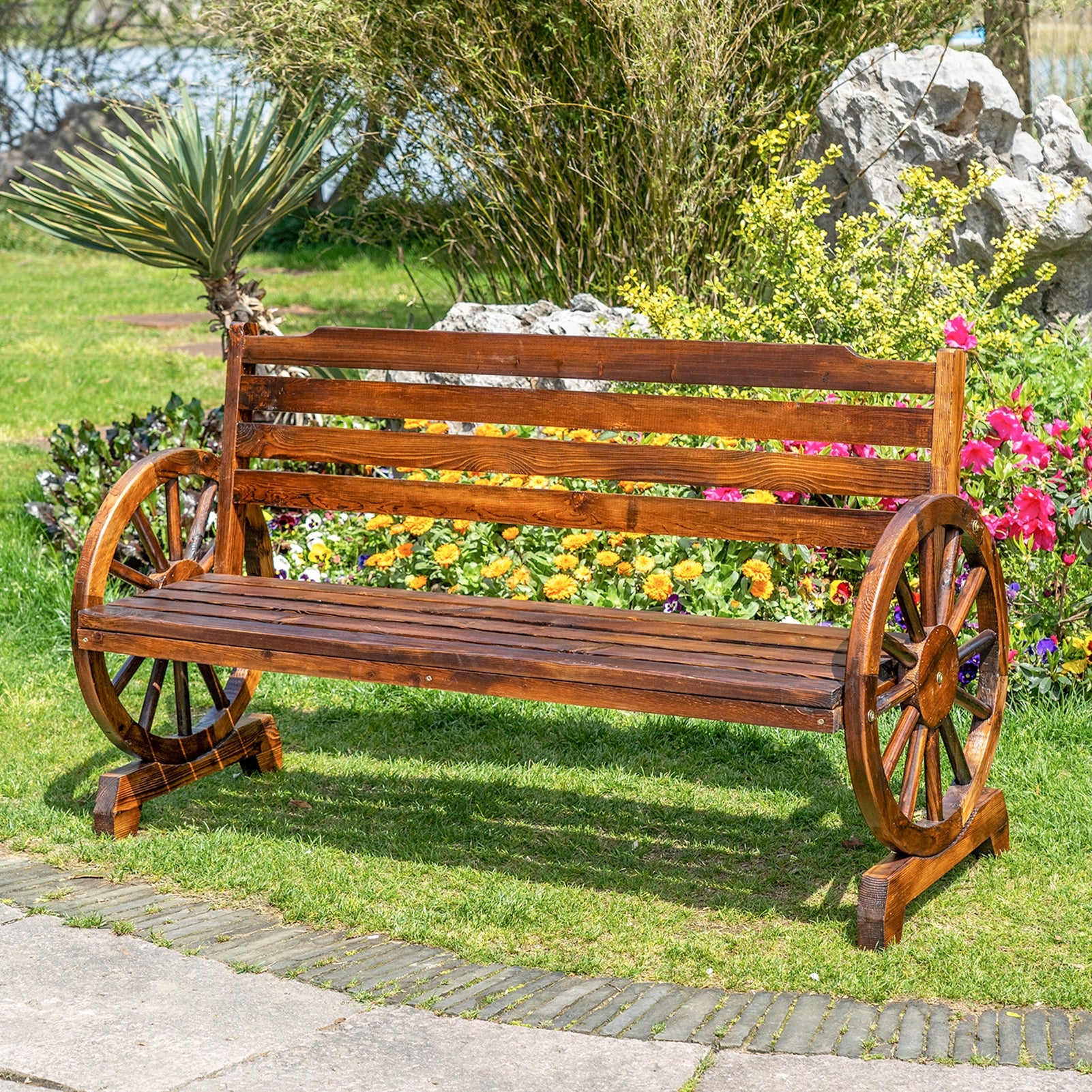 3-Person Wooden Wagon Wheel Bench for Patio, Garden, Outdoor Lounging w/ Rustic Design - Brown