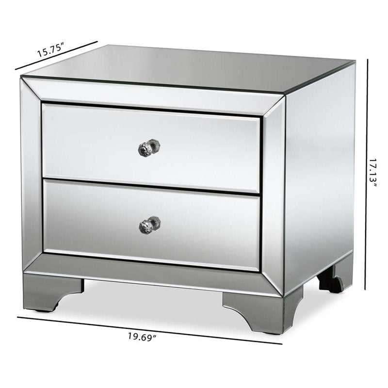 Home Square 2 Drawer Nightstand Set in Mirrored Silver Gray (Set of 2)