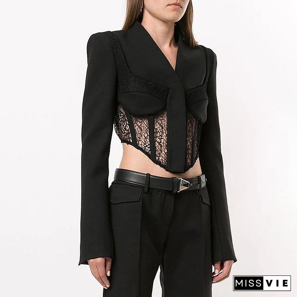 Slim Fit Tailored Blocked Mesh Lace Cropped Corset jacket