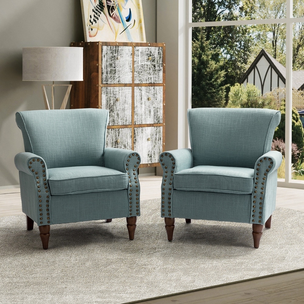 Nyctelius Classic Upholstered Wingback Accent chair with Wooden Legs and Nailhead Trim Set of 2 by HULALA HOME