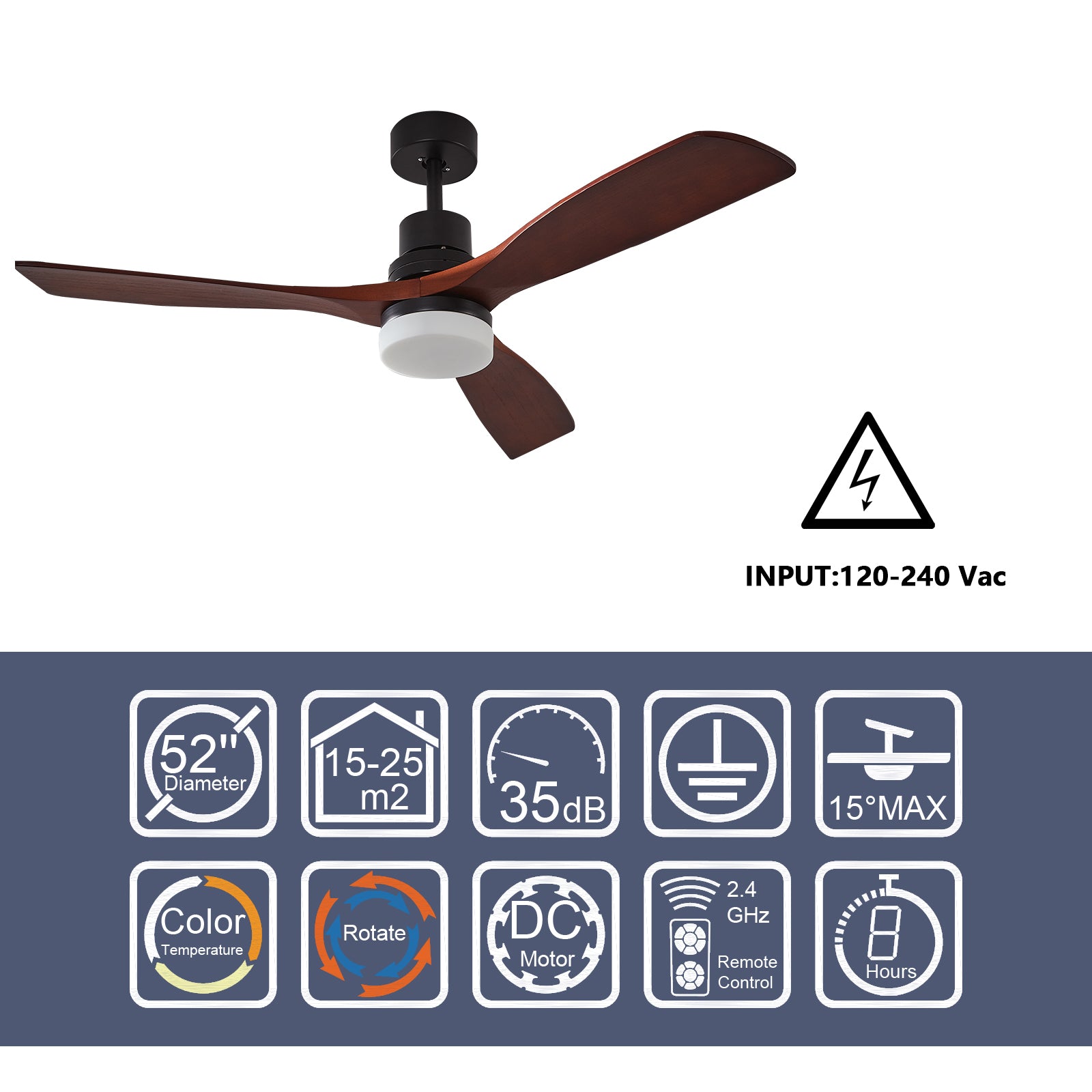 ExBrite 52 inch Integrated LED Indoor Black & Cherry Ceiling Fan with Light and Remote Control