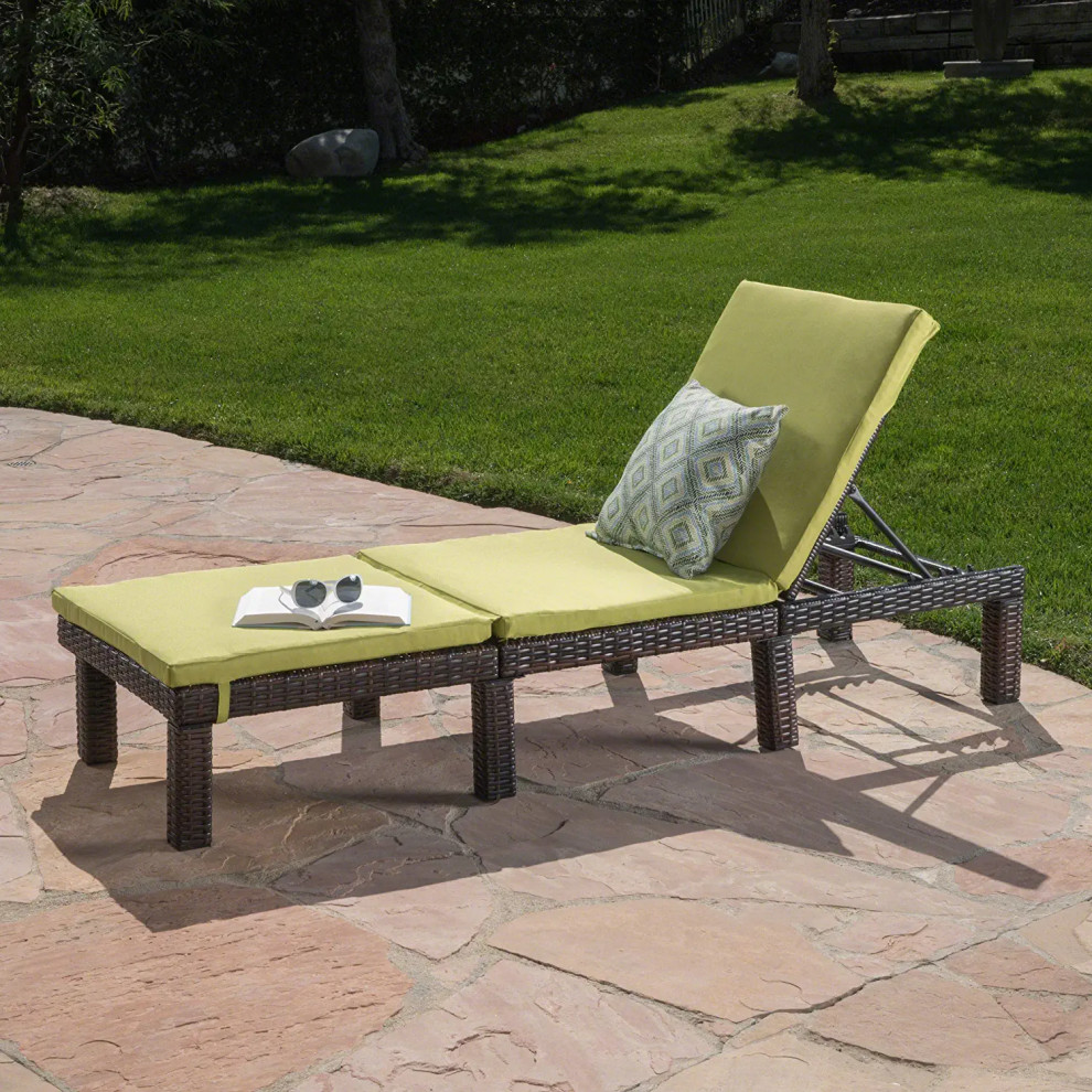 Outdoor Adjustable Chaise Lounge  Multibrown Wicker With Green Polyester Cushion   Tropical   Outdoor Chaise Lounges   by Decor Love  Houzz