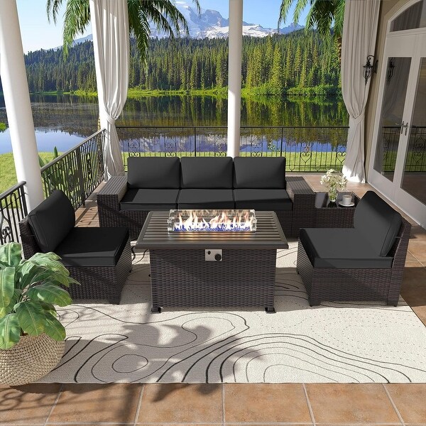 Kullavik 7 Pieces Rattan Outdoor Patio Furniture Sofa Set with Firepit