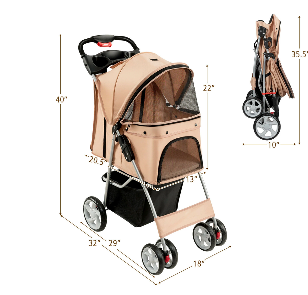 Foldable Pet Stroller 4-Wheel Cat Dog Travel Carrier w/ Storage Basket