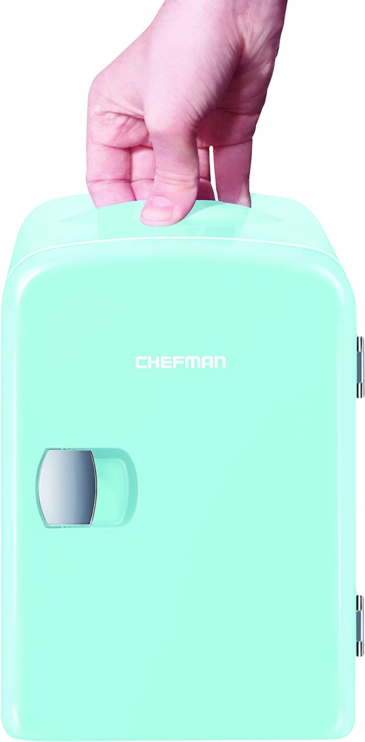 Chefman Mini Portable Blue Personal Fridge Cools Or Heats and Provides Compact Storage For Skincare， Snacks， Or 6 12oz Cans W/ A Lightweight 4-liter Capacity To Take On The Go